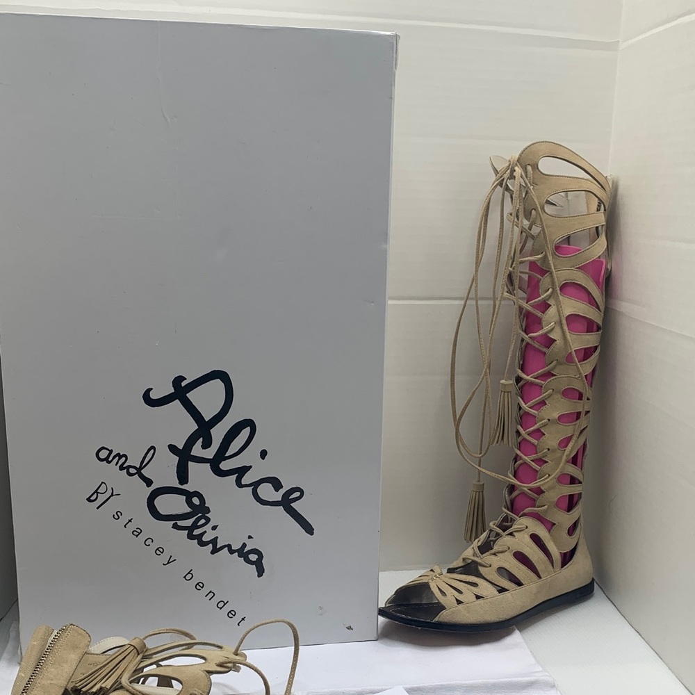 Alice + Olivia Beige Suede Lace Up Gladiator Sandals